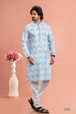 multi colour digital print on cotton fabric with thread work straight kurta churidar for men 1