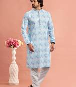 multi colour digital print on cotton fabric with thread work straight kurta churidar for men