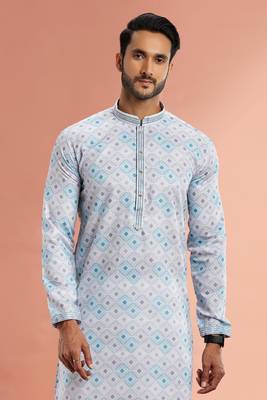 multi colour digital print on cotton fabric with thread work straight kurta churidar for men 3