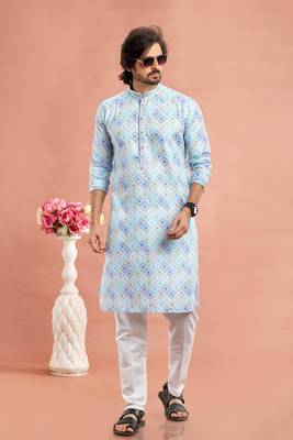 multi colour digital print on cotton fabric with thread work straight kurta churidar for men 2