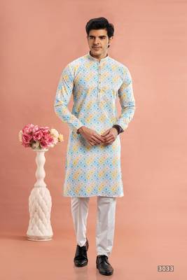 multi colour digital print on cotton fabric with thread work straight kurta churidar for men 1