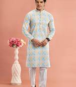 multi colour digital print on cotton fabric with thread work straight kurta churidar for men