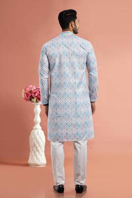 multi colour digital print on cotton fabric with thread work straight kurta churidar for men 4