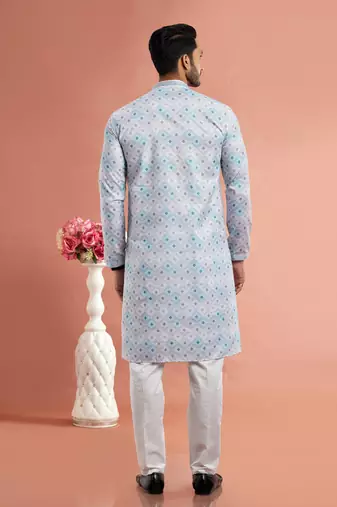 multi colour digital print on cotton fabric with thread work straight kurta churidar for men