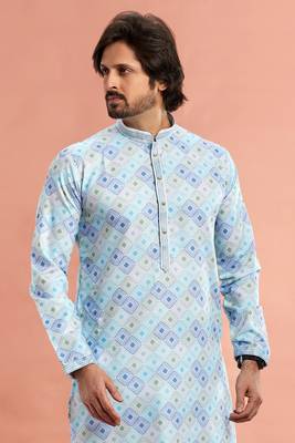 multi colour digital print on cotton fabric with thread work straight kurta churidar for men 3