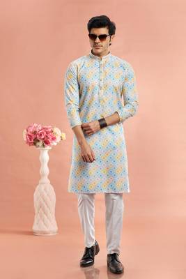 multi colour digital print on cotton fabric with thread work straight kurta churidar for men 2