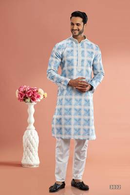 bluedigital print on cotton fabric with thread work straight kurta churidar for men 1