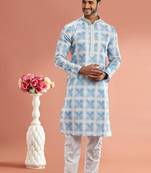 bluedigital print on cotton fabric with thread work straight kurta churidar for men