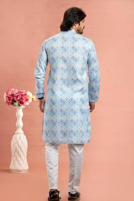 multi colour digital print on cotton fabric with thread work straight kurta churidar for men 4