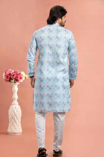 multi colour digital print on cotton fabric with thread work straight kurta churidar for men