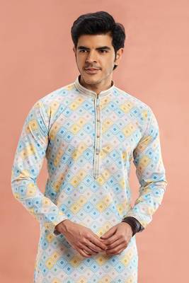 multi colour digital print on cotton fabric with thread work straight kurta churidar for men 3