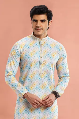 multi colour digital print on cotton fabric with thread work straight kurta churidar for men