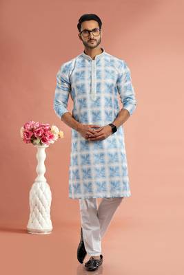 bluedigital print on cotton fabric with thread work straight kurta churidar for men 2