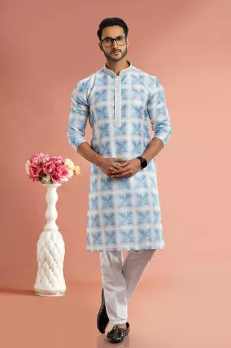 bluedigital print on cotton fabric with thread work straight kurta churidar for men