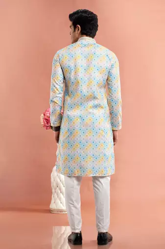 multi colour digital print on cotton fabric with thread work straight kurta churidar for men