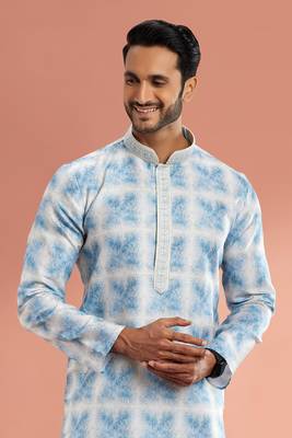 bluedigital print on cotton fabric with thread work straight kurta churidar for men 3