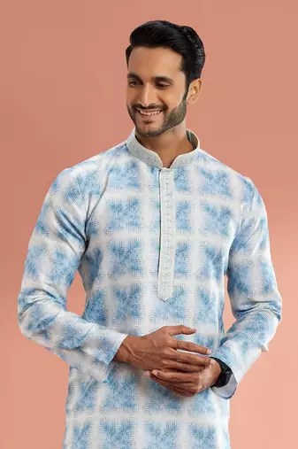 bluedigital print on cotton fabric with thread work straight kurta churidar for men