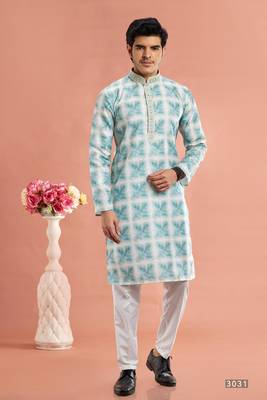 green digital print on cotton fabric with thread work straight kurta churidar for men 1