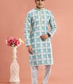 Green digital print on cotton fabric with thread work straight kurta for men