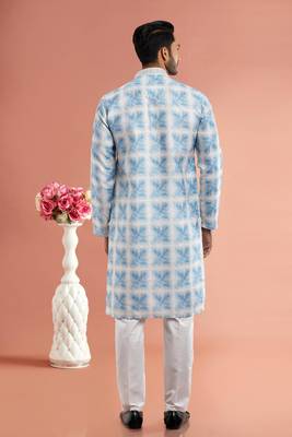 bluedigital print on cotton fabric with thread work straight kurta churidar for men 4