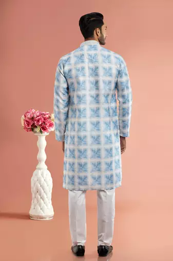 bluedigital print on cotton fabric with thread work straight kurta churidar for men