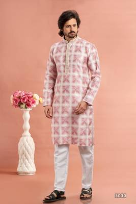 dark pink digital print on cotton fabric with thread work straight kurta churidar for men 1