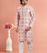 dark pink digital print on cotton fabric with thread work straight kurta churidar for men