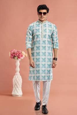 green digital print on cotton fabric with thread work straight kurta churidar for men 2