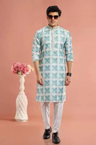 green digital print on cotton fabric with thread work straight kurta churidar for men