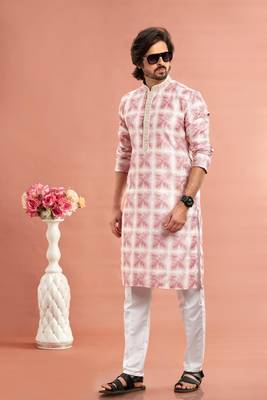 dark pink digital print on cotton fabric with thread work straight kurta churidar for men 2