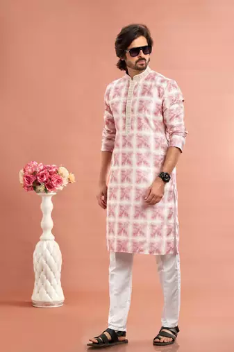 dark pink digital print on cotton fabric with thread work straight kurta churidar for men