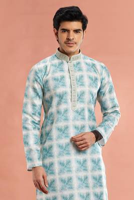 green digital print on cotton fabric with thread work straight kurta churidar for men 3