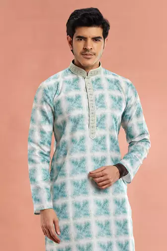 green digital print on cotton fabric with thread work straight kurta churidar for men
