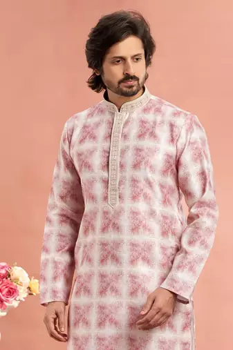 dark pink digital print on cotton fabric with thread work straight kurta churidar for men