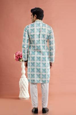 green digital print on cotton fabric with thread work straight kurta churidar for men 4