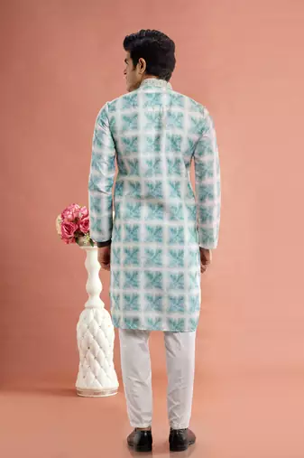 green digital print on cotton fabric with thread work straight kurta churidar for men