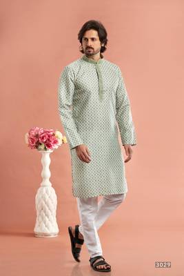 pista green digital print on cotton fabric with thread work straight kurta churidar for men 1