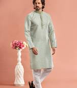 Pista green digital print on cotton fabric with thread work straight kurta for men