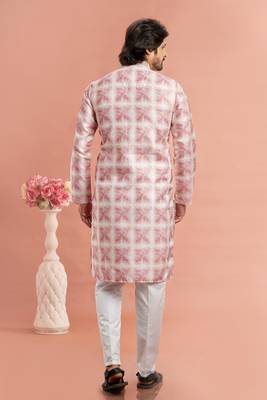 dark pink digital print on cotton fabric with thread work straight kurta churidar for men 4