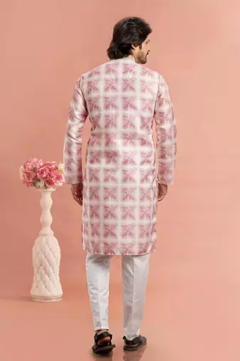 dark pink digital print on cotton fabric with thread work straight kurta churidar for men