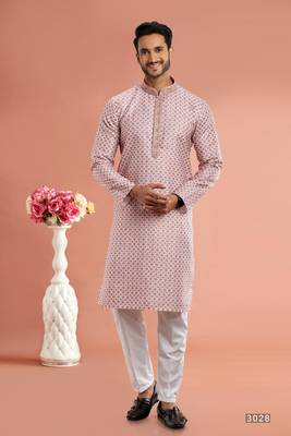 desaturated dark red digital print on cotton fabric with thread work straight kurta churidar for men 1