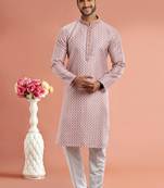 Desaturated dark red digital print on cotton fabric with thread work straight kurta for men