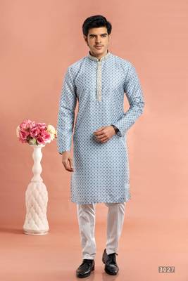 bluedigital print on cotton fabric with thread work straight kurta churidar for men 1