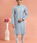 Bluedigital print on cotton fabric with thread work straight kurta for men
