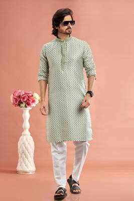 pista green digital print on cotton fabric with thread work straight kurta churidar for men 2