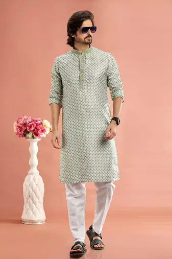 pista green digital print on cotton fabric with thread work straight kurta churidar for men