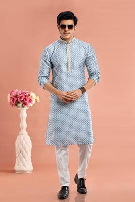 bluedigital print on cotton fabric with thread work straight kurta churidar for men 2