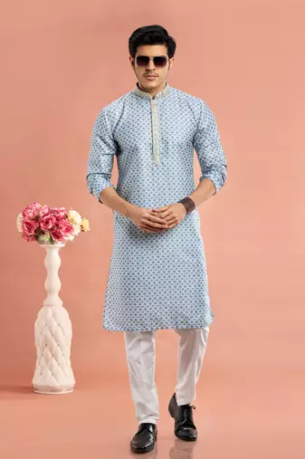 bluedigital print on cotton fabric with thread work straight kurta churidar for men