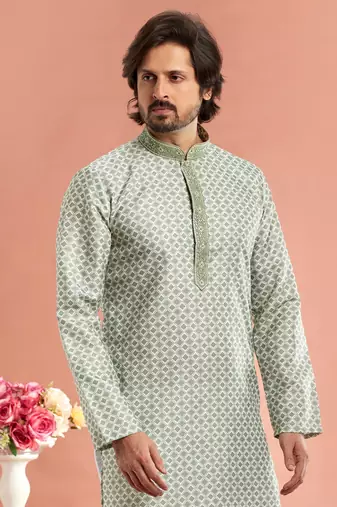pista green digital print on cotton fabric with thread work straight kurta churidar for men