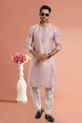 desaturated dark red digital print on cotton fabric with thread work straight kurta churidar for men 2